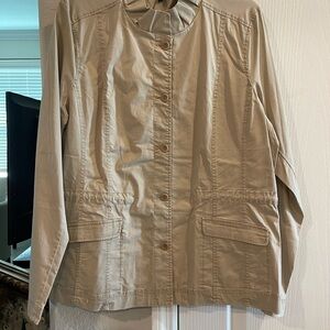 Eileen Fisher Tan Utility Jacket with Stand-Up Collar and Relaxed Fit